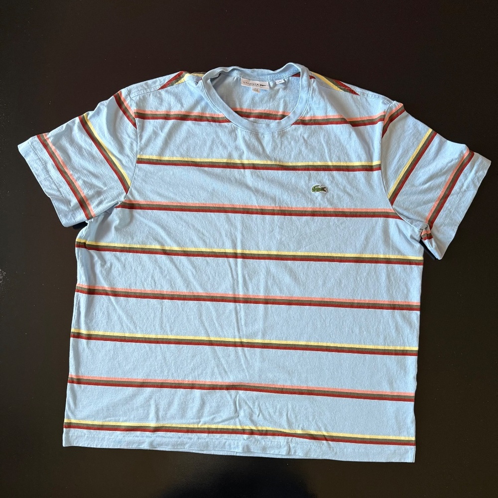 Lacoste V Neck T-Shirt - Size XXXL - Light Blue w/ Multi Color Stripes